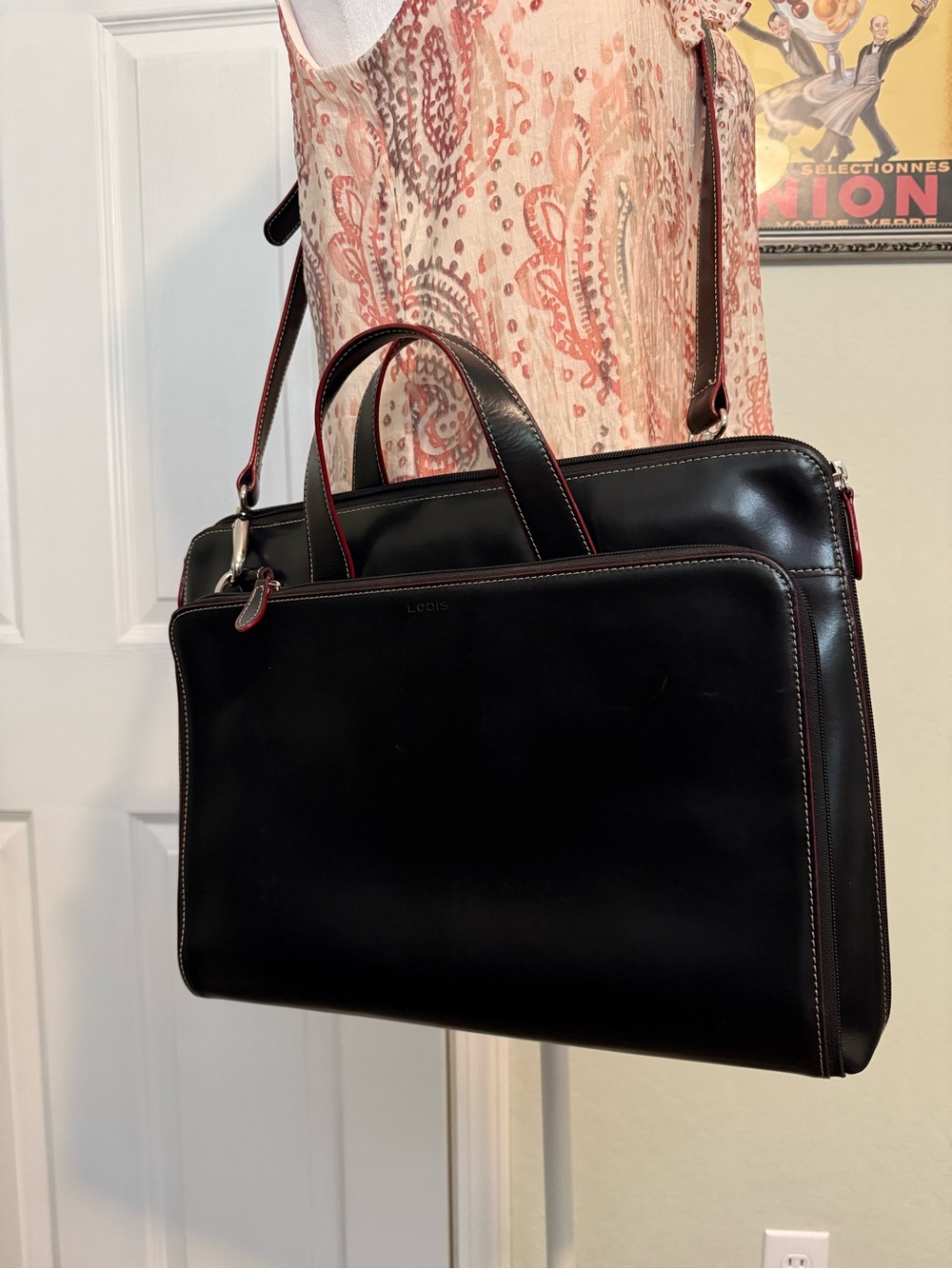 Lodis Black Leather Briefcase with Red Edge Accents